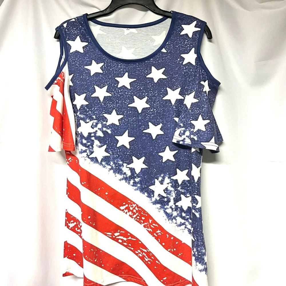 Stars and Stripes Cold Shoulder Short Sleeve T-Shirt - Picture 3 of 6